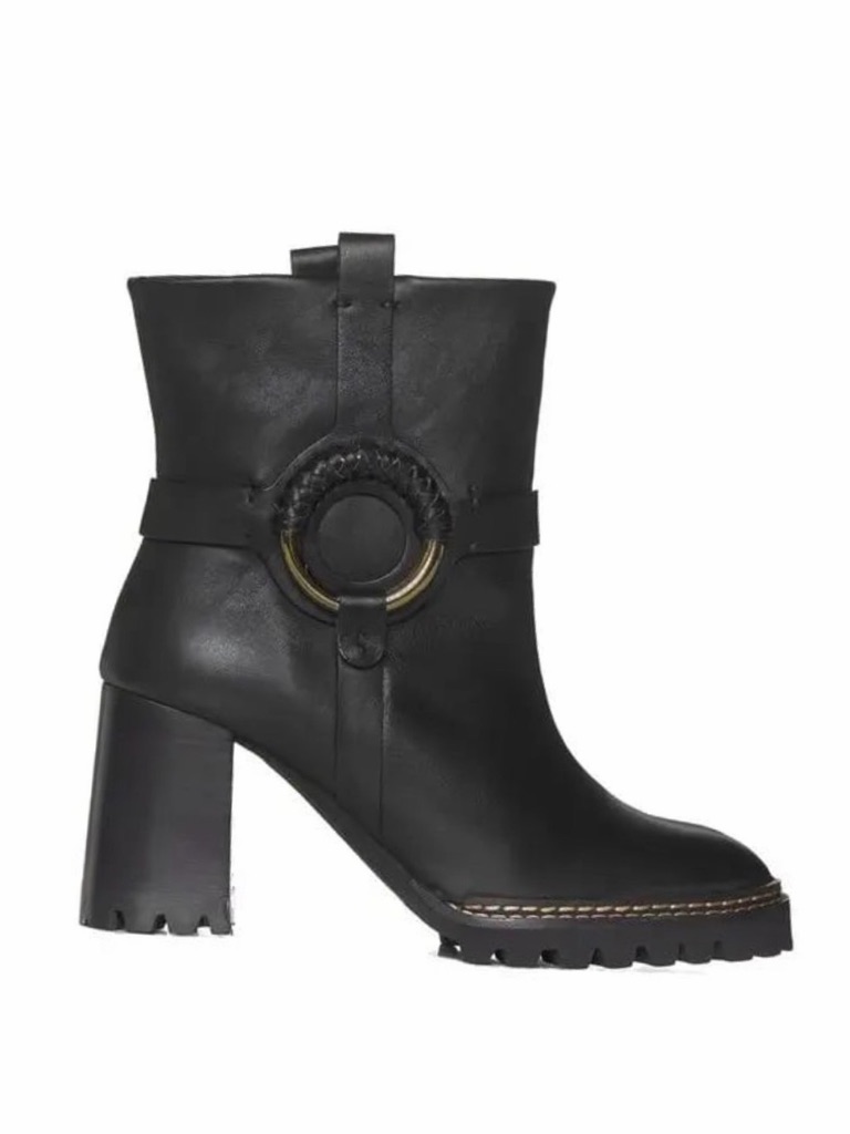 See By Chlo Black Ankle Boots Leather Moto Booties Harness Lug Sole 8 Nwob
